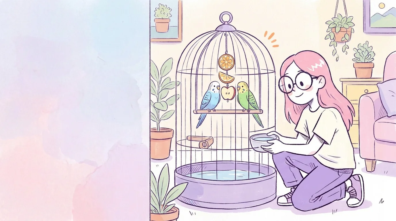 Ilustración: dos periquitos azul y verde en una jaula amplia con columpio y frutas, Mila les cambia el agua