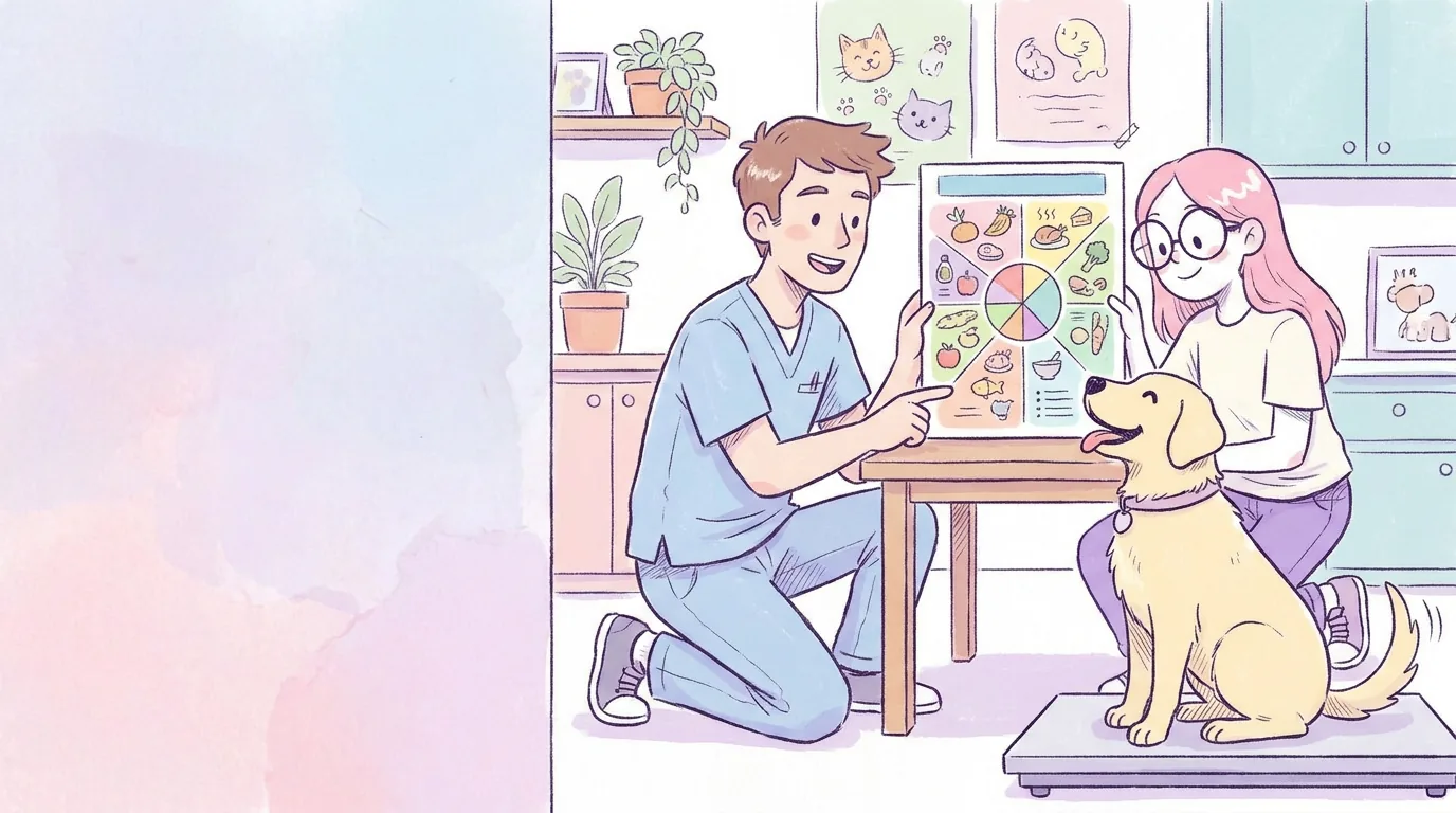 Ilustración: mila y un veterinario amable revisan una tabla de comida mientras Térra se sube a una báscula de clínica