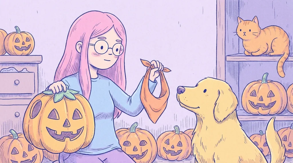Ilustración de una mujer de pelo rosa y gafas redondas que sostiene un disfraz de calabaza y un pañuelo naranja frente a su golden retriever, que mira con interés el pañuelo en una habitación decorada con calabazas
