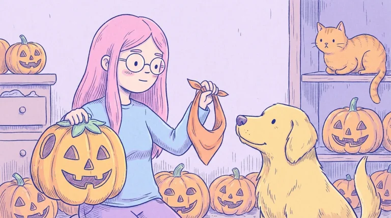 Ilustración de una mujer de pelo rosa y gafas redondas que sostiene un disfraz de calabaza y un pañuelo naranja frente a su golden retriever, que mira con interés el pañuelo en una habitación decorada con calabazas