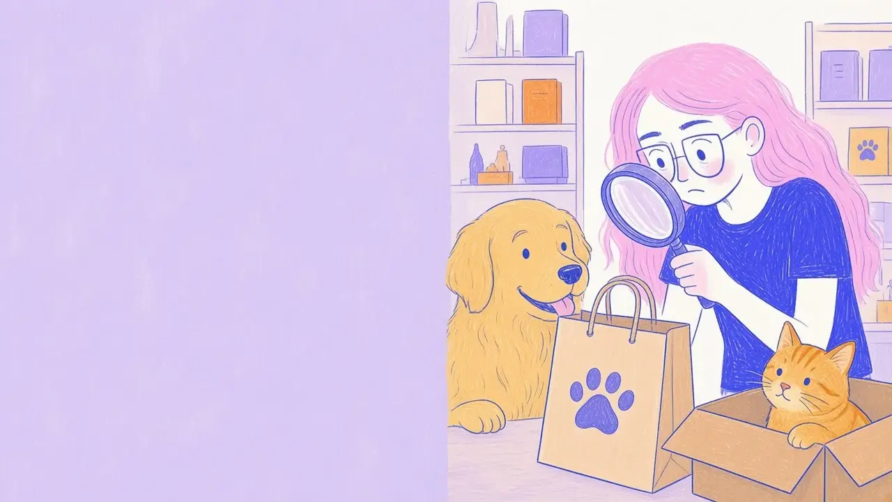 Ilustración de una mujer de pelo rosa con gafas que sostiene una lupa sobre una bolsa de compras mientras un golden retriever y un gato naranja miran