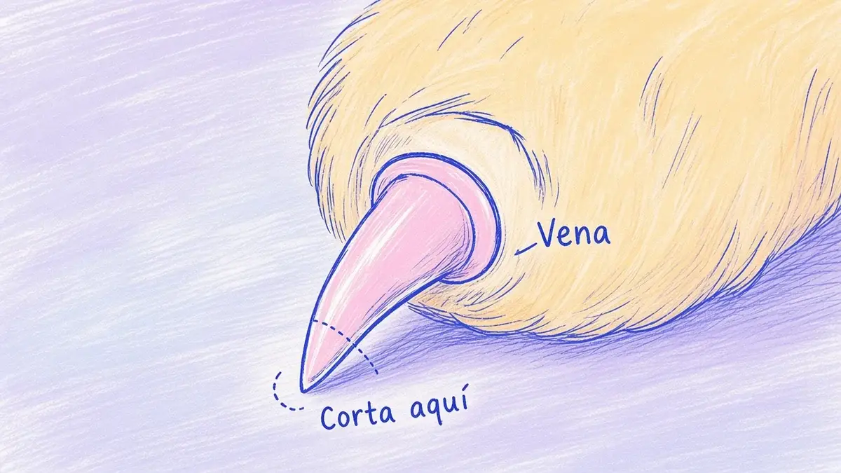 Dónde cortar la uña de un perro Infografía ilustrada de una uña de perro con la zona de la vena y la zona segura de corte señaladas