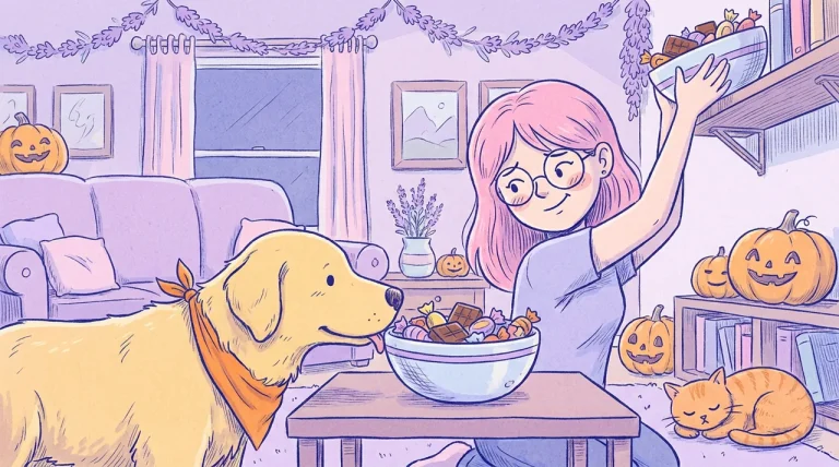 Ilustración de una sala decorada para Halloween donde un golden retriever con pañuelo naranja estira el hocico hacia un tazón de dulces mientras una mujer de pelo rosa y gafas redondas lo sube a un estante alto