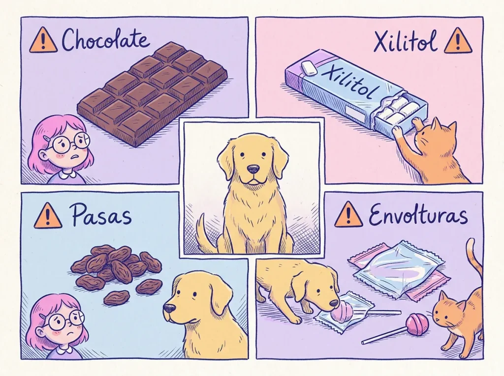 Infografía con cuatro viñetas de dulces peligrosos para perros en Halloween: chocolate, chicles con xilitol, pasas y envolturas de plástico, con un golden retriever sentado en el centro