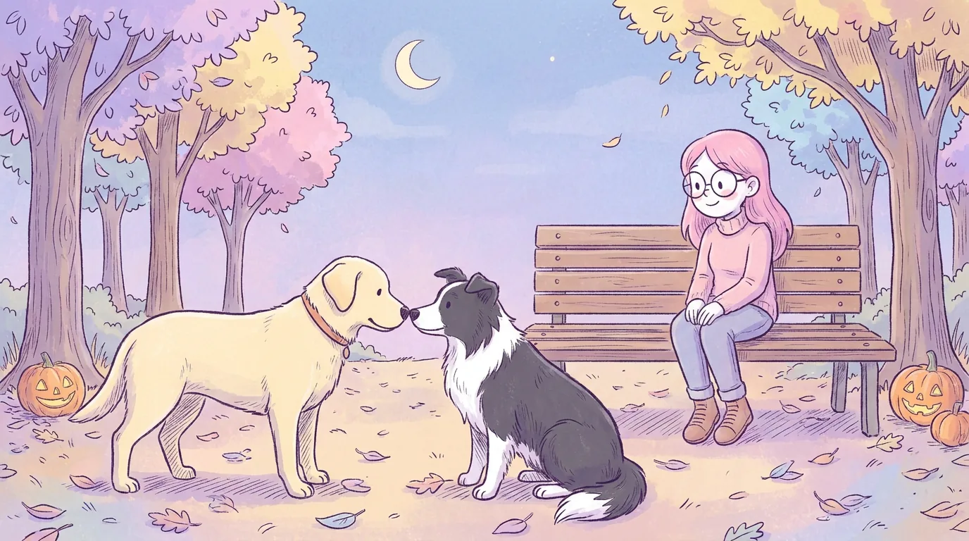 Ilustración de Térra, labradora crema, olfateándose con calma con una perrita border collie en un parque mientras Mila, niña de pelo rosa con gafas, observa desde un banco