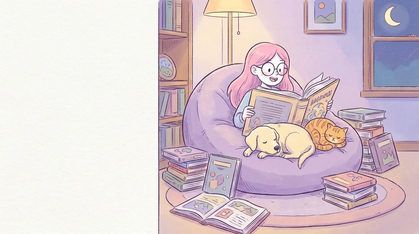 Ilustración de Mila, niña de pelo rosa con gafas, leyendo un libro grande en un puff rodeada de libros, con Térra y un gato naranja acurrucados a su lado
