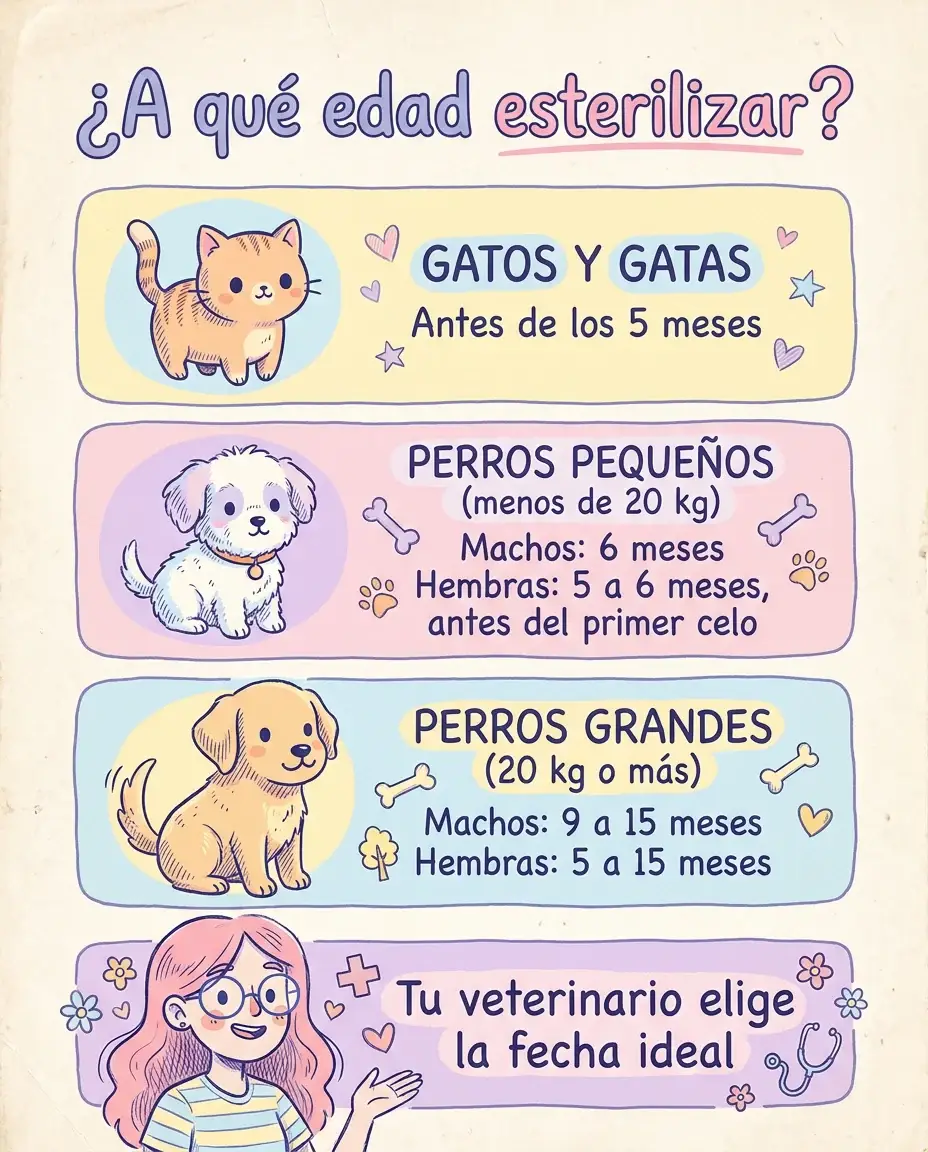 ¿A qué edad esterilizar? Infografía por especie y tamaño Infografía: gatos y gatas antes de los 5 meses; perros pequeños de menos de 20 kg, machos a los 6 meses y hembras de 5 a 6 meses antes del primer celo; perros grandes, machos de 9 a 15 meses y hembras de 5 a 15 meses