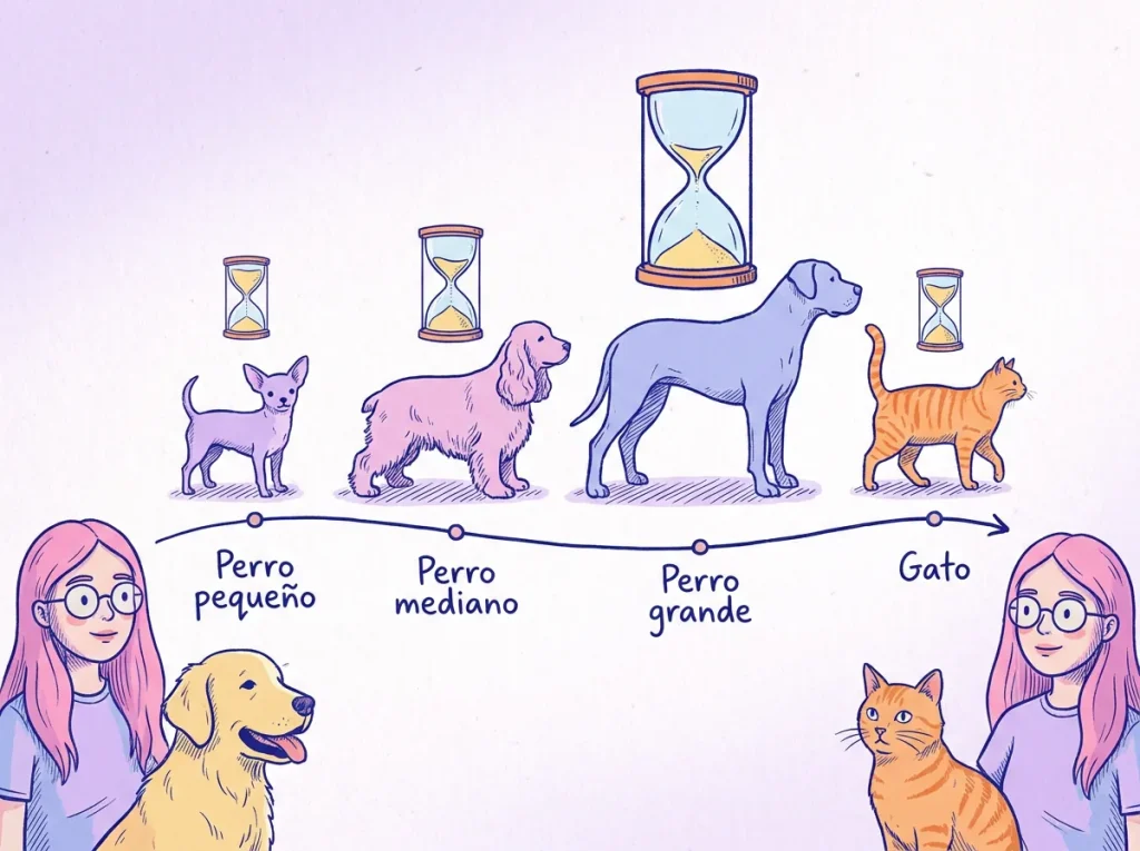 Edad senior en perros y gatos según su tamaño Infografía con una línea de tiempo que muestra un perro pequeño, uno mediano, uno grande y un gato, cada uno con un reloj de arena que indica que los perros grandes envejecen antes