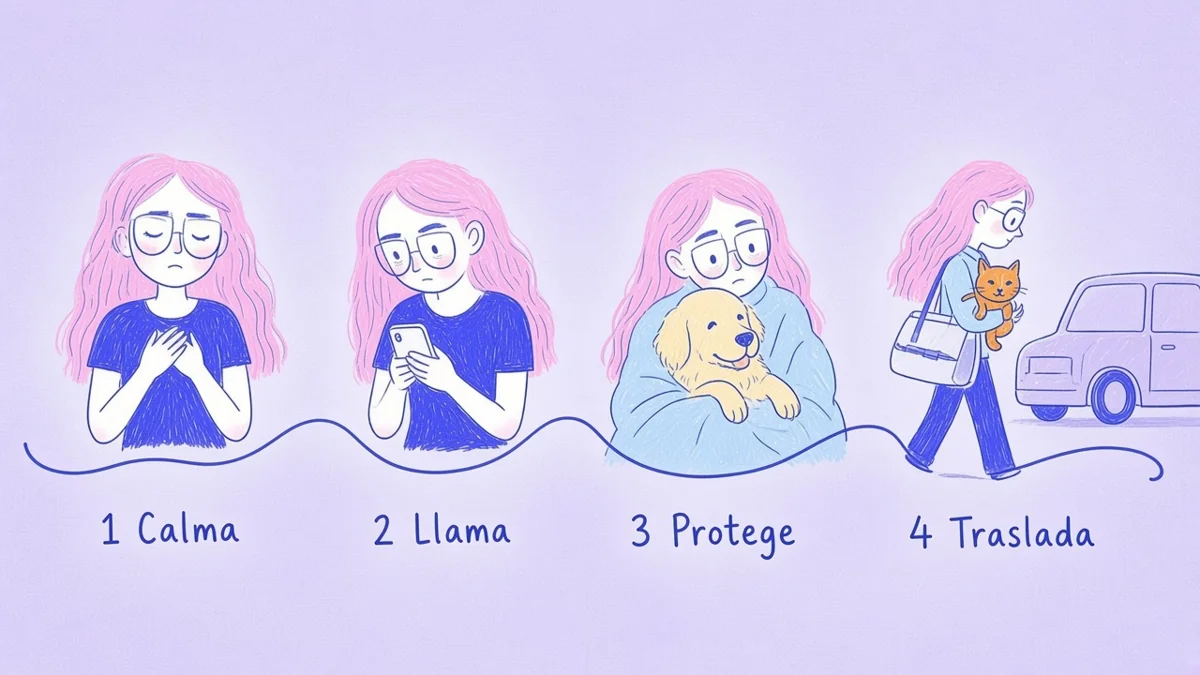 Infografía ilustrada con cuatro pasos: calma, llamar a la clínica, proteger y trasladar