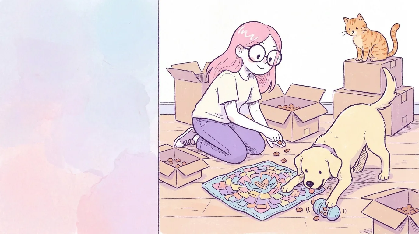 Ilustración: térra busca premios en una alfombra olfativa y un juguete rellenable mientras Mila esconde galletas en cajas de cartón