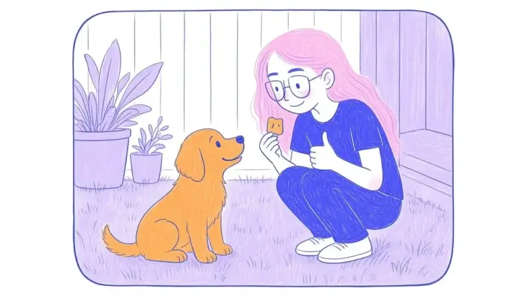 Ilustración de una mujer de pelo rosa y gafas premiando con un snack a un cachorro golden retriever sobre un pedazo de césped