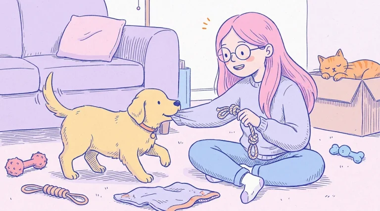 Ilustración de un cachorro de golden retriever mordiendo la manga del suéter de una mujer de pelo rosa sentada en el suelo, que le ofrece con calma una cuerda de juguete, rodeados de juguetes de goma