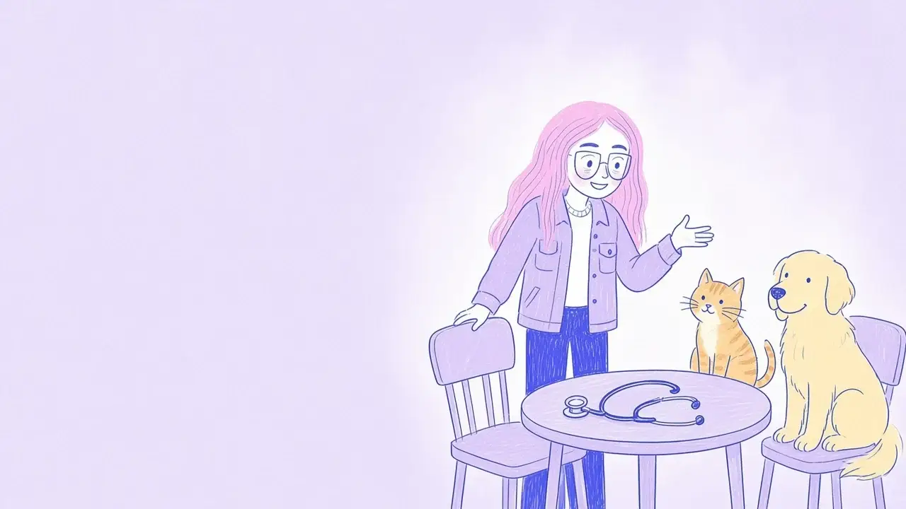 Ilustración de una mujer de pelo rosa con gafas que invita con un gesto a sentarse a una mesa redonda con un estetoscopio encima, con un gato naranja y un golden retriever sentados