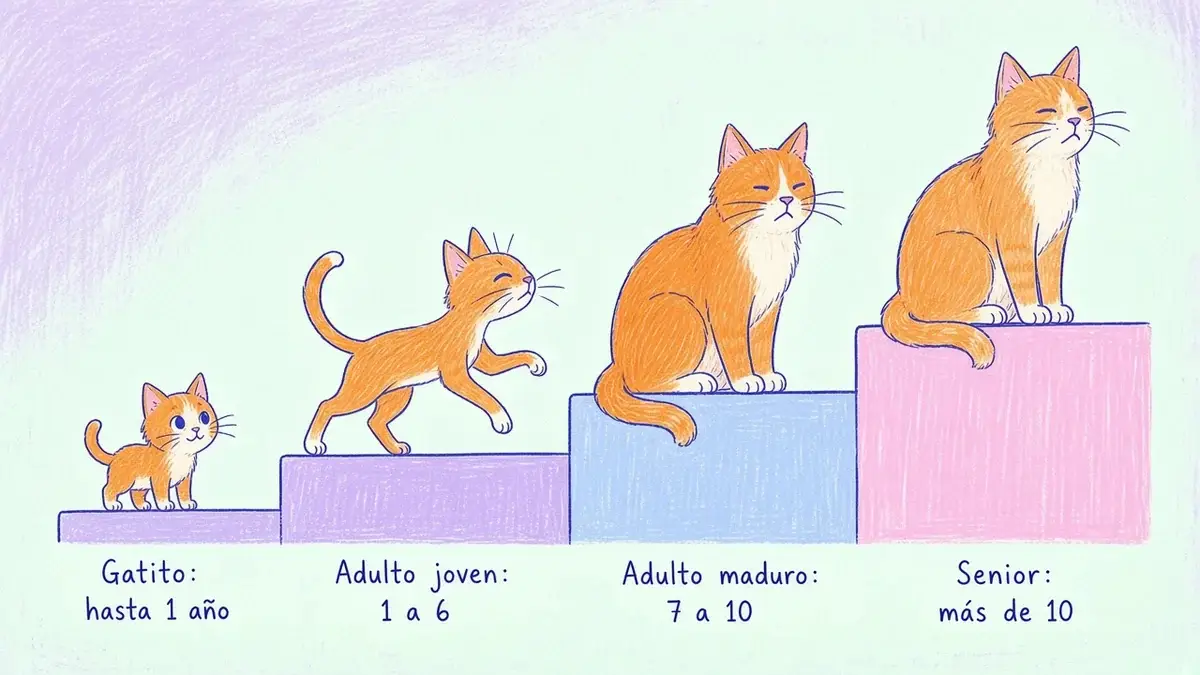 Infografía ilustrada con cuatro etapas de vida del gato: gatito, adulto joven, adulto maduro y senior