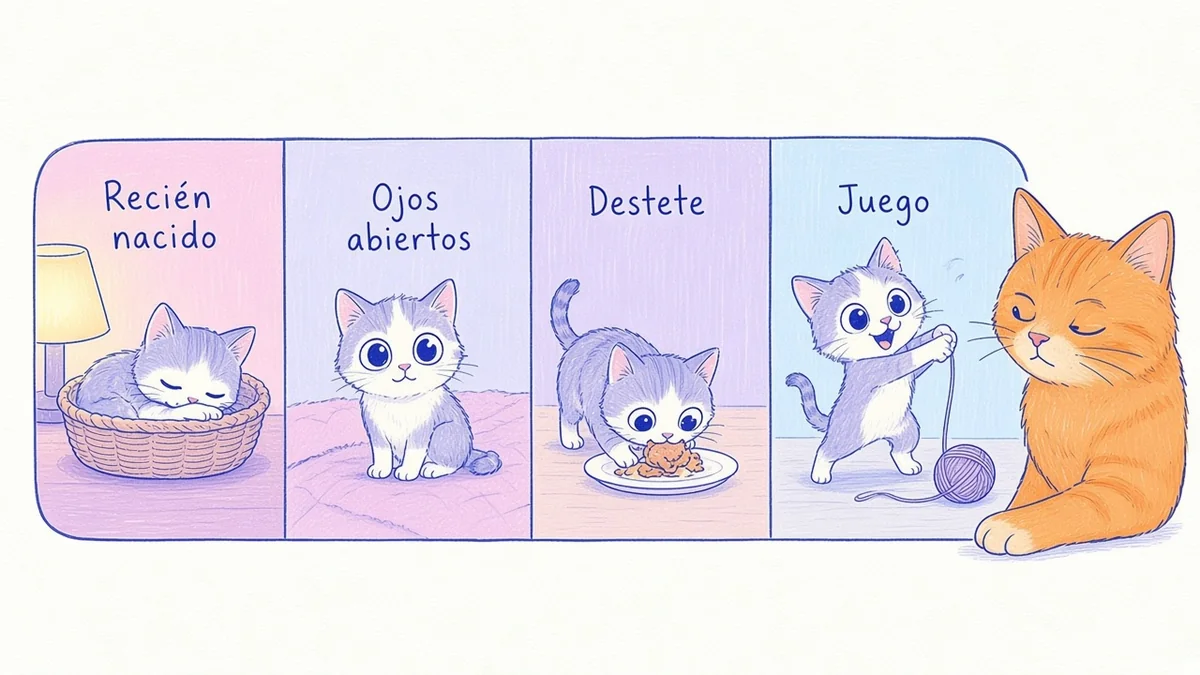 Etapas de un gatito en sus primeras semanas Infografía ilustrada con cuatro etapas del gatito: recién nacido, ojos abiertos, destete y juego