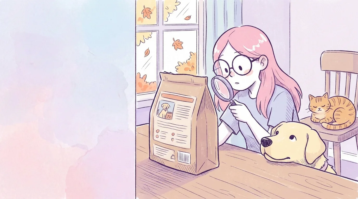 Ilustración: mila lee con una lupa la parte trasera de una bolsa de croquetas sin texto legible, Térra apoya la cabeza en la mesa