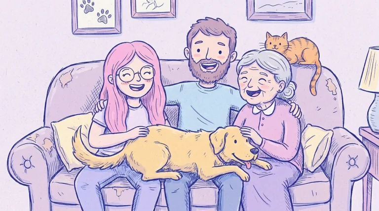 Ilustración de una familia sonriente en un sofá formada por una mujer de pelo rosa, un hombre con barba y una señora mayor, con un golden retriever acostado sobre sus piernas y un gato naranja en el respaldo