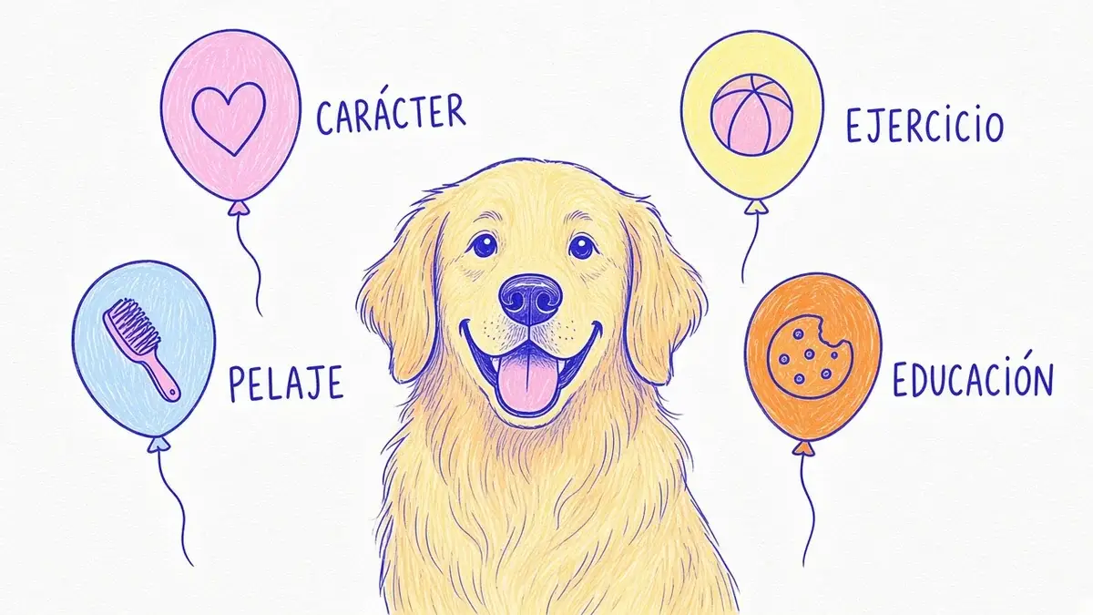 Ficha rápida del golden retriever Infografía ilustrada con cuatro características del golden retriever: carácter, ejercicio, pelaje y educación