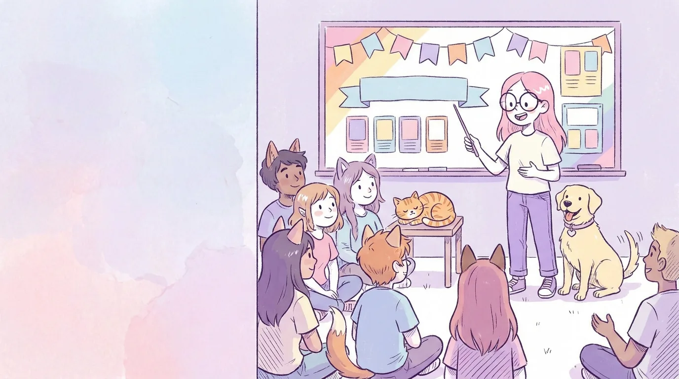 Ilustración: una pizarra colorida con formas de banners y tarjetas sin texto, Mila presenta ideas a un grupo con Térra a su lado