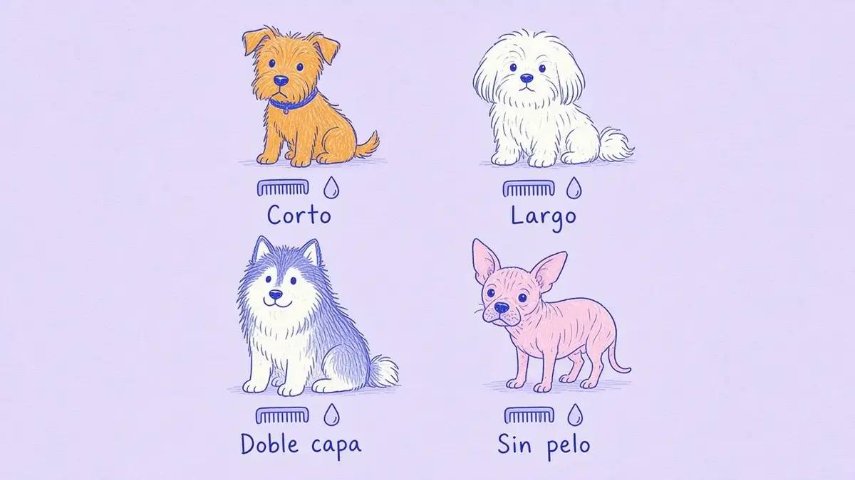 Infografía ilustrada con cuatro perros de distintos tipos de pelo y su cuidado orientativo