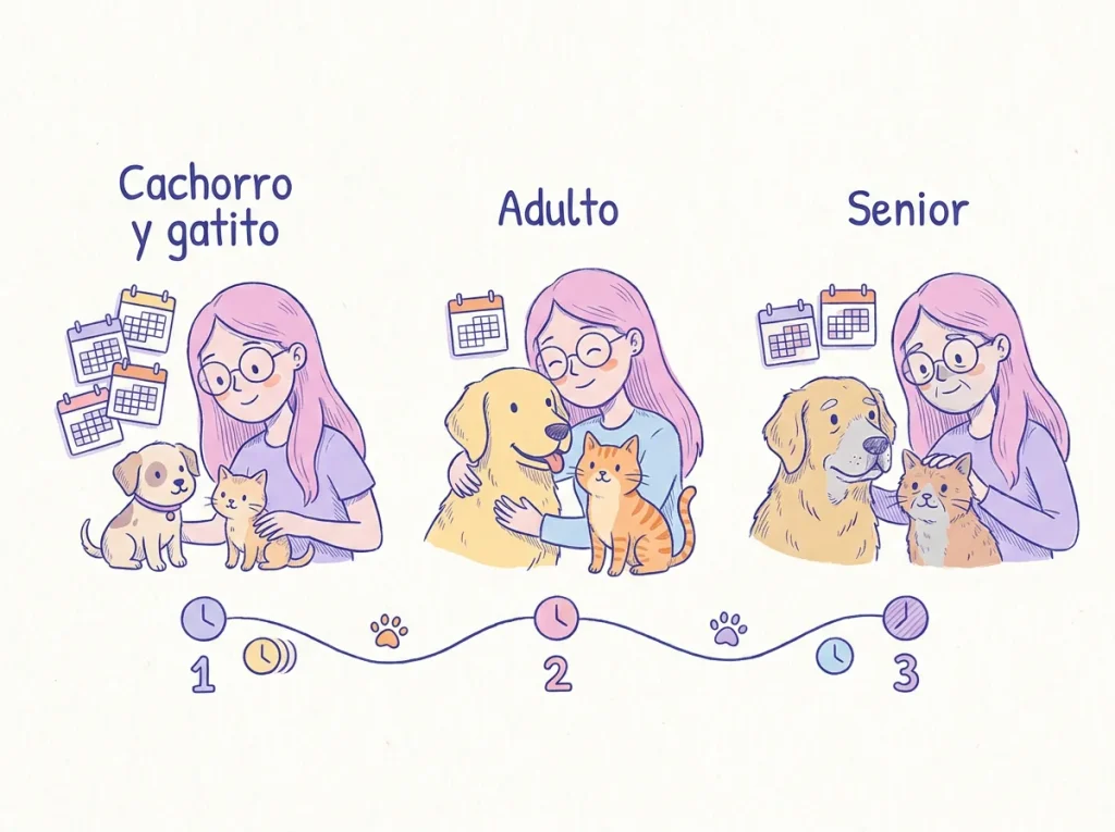 Infografía con una línea de tiempo de tres etapas: cachorro y gatito con varias visitas, adulto con una visita al año y senior con dos visitas al año, ilustradas con perros, gatos y una mujer de pelo rosa