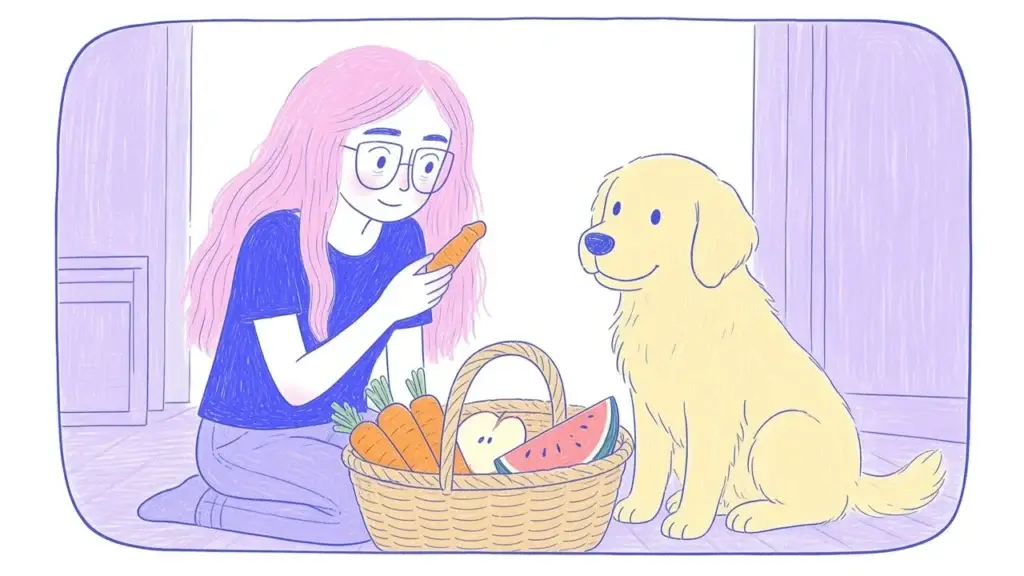 Ilustración de un golden retriever feliz frente a un cesto con zanahorias, manzanas y sandía