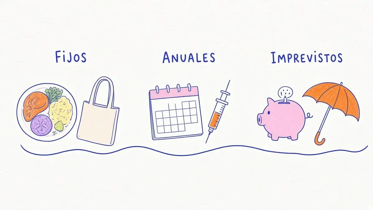 Los tres grupos de gastos de tener una mascota Infografía ilustrada con tres columnas: gastos fijos, gastos anuales e imprevistos