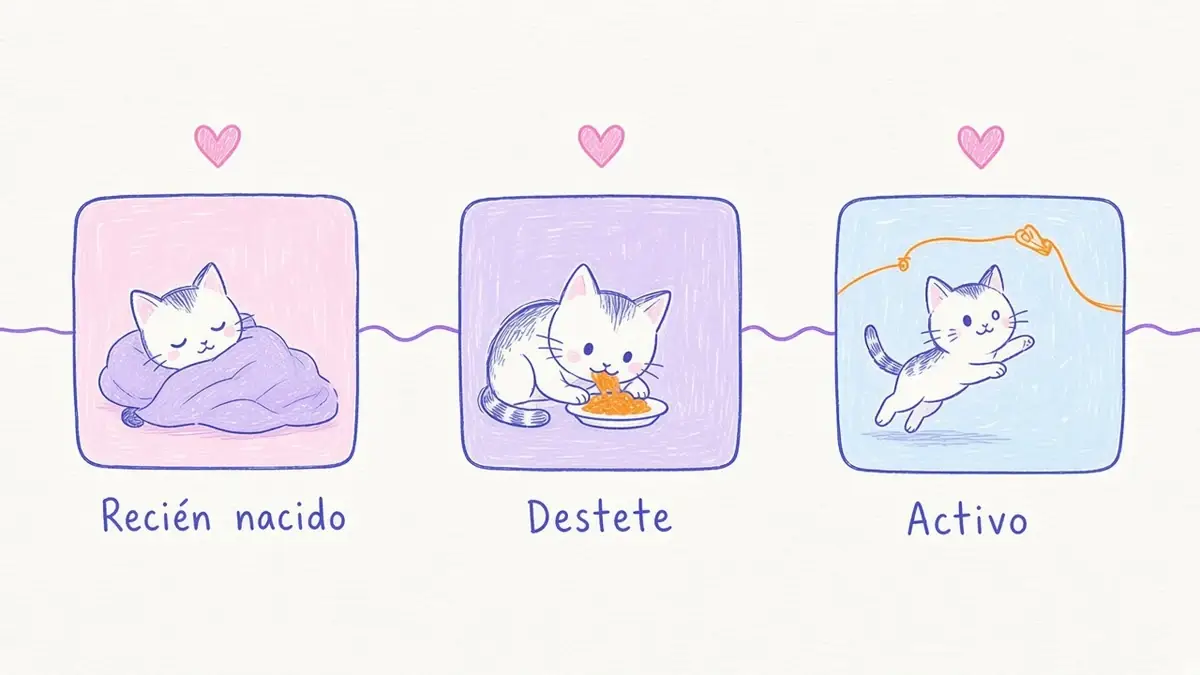 Infografía ilustrada con tres etapas de un gatito: recién nacido, destete y gatito activo