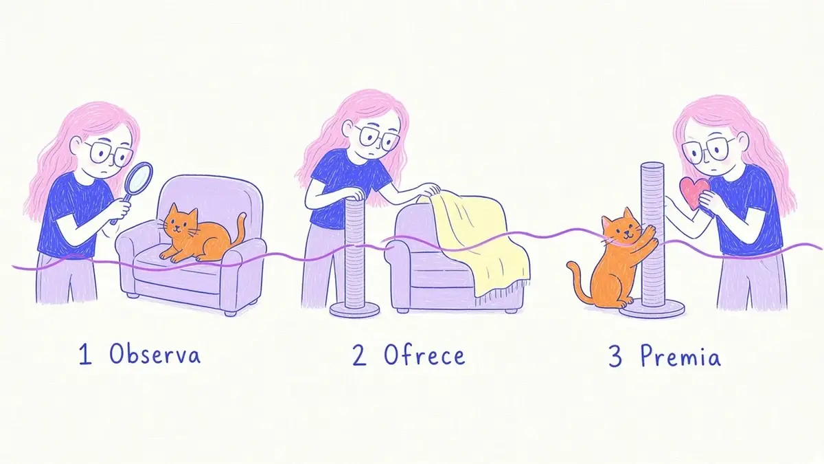 Infografía ilustrada con tres pasos para redirigir el arañazo del gato: observar, ofrecer y premiar