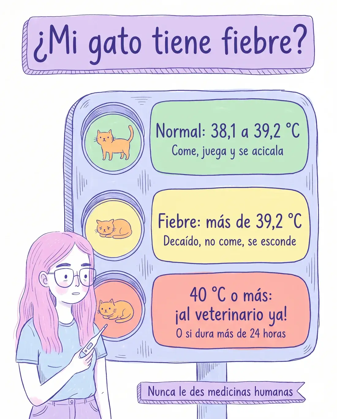 Semáforo de temperatura: ¿mi gato tiene fiebre? Infografía semáforo: normal de 38,1 a 39,2 °C; fiebre por encima de 39,2 °C con decaimiento y falta de apetito; 40 °C o más o fiebre de más de 24 horas, al veterinario ya; nunca darle medicinas humanas