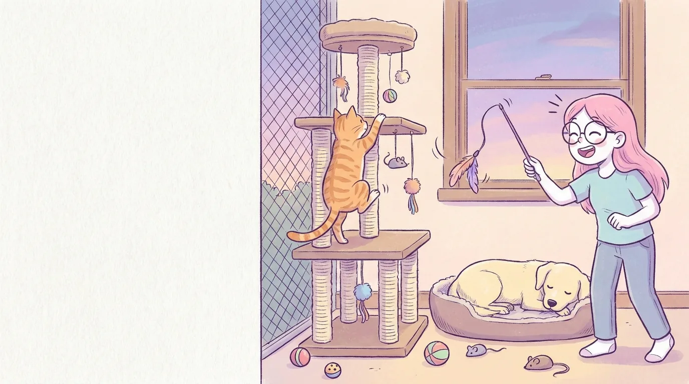 Ilustración: gato naranja atigrado trepa un árbol rascador alto junto a una ventana con malla, rodeado de juguetes; Mila juega con una caña de plumas