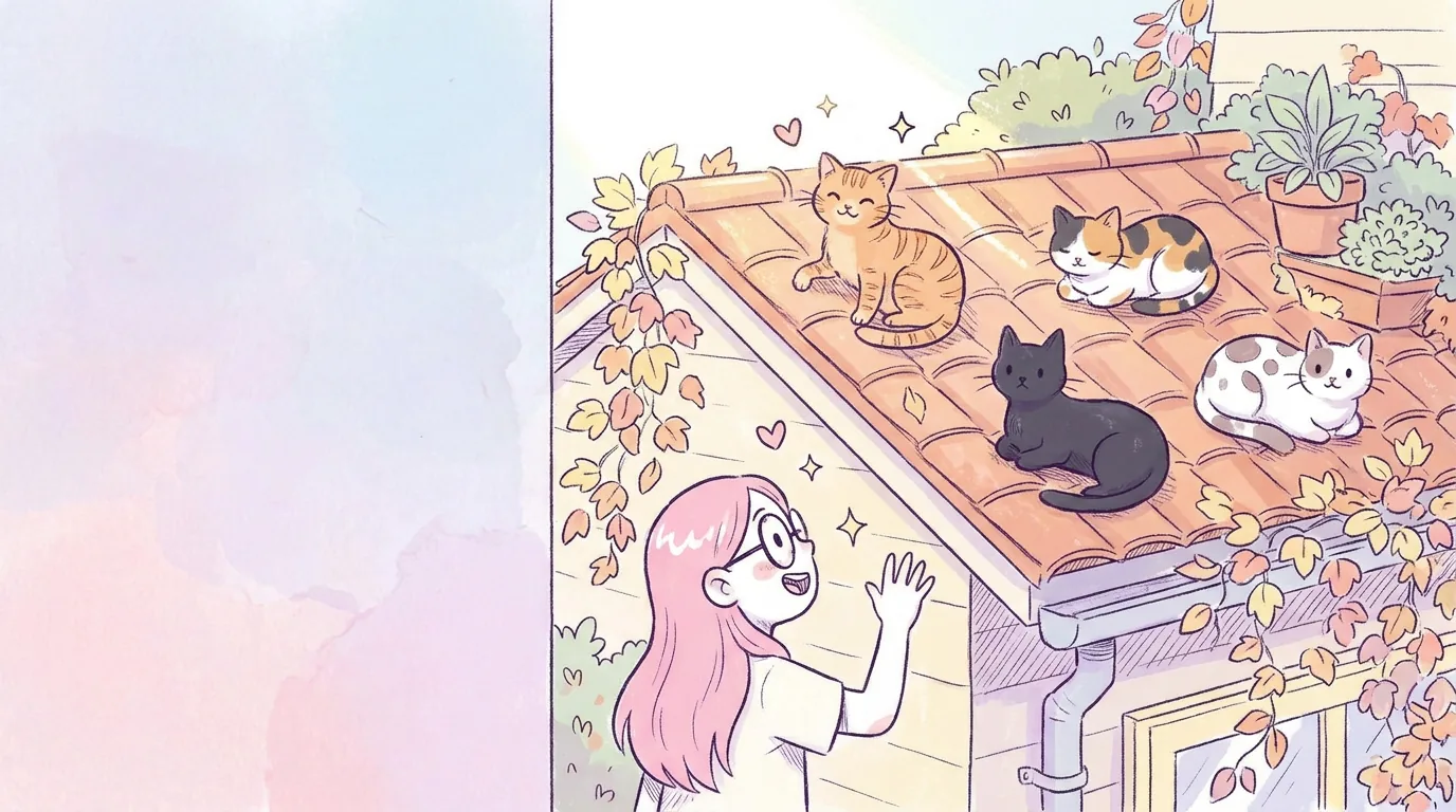 Ilustración: varios gatos mestizos de colores (atigrado, tricolor, negro, blanco con manchas) tomando el sol en un tejado con plantas, Mila los saluda