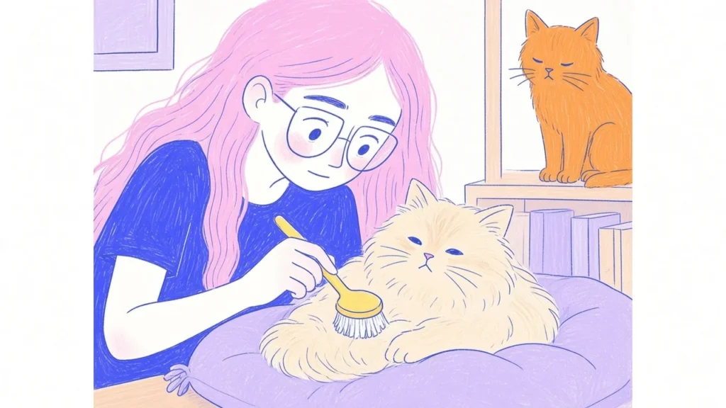 Ilustración de un gato persa de pelo largo y crema sentado sobre un cojín con una mujer de pelo rosa cepillándolo con suavidad