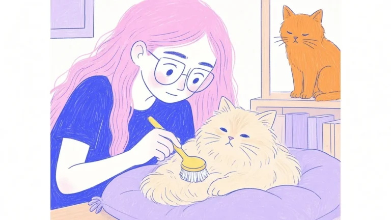 Ilustración de un gato persa de pelo largo y crema sentado sobre un cojín con una mujer de pelo rosa cepillándolo con suavidad