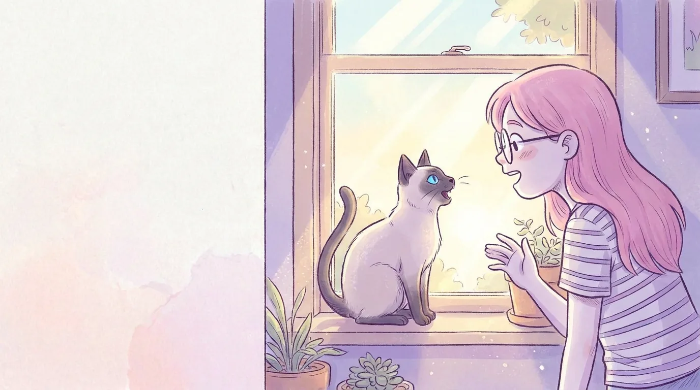 Ilustración: un elegante gato siamés de ojos azules y puntas oscuras sentado en el alféizar de una ventana soleada, Mila le habla y el gato maúlla