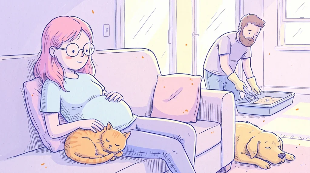 Ilustración de una mujer embarazada de pelo rosa descansando en el sofá con un gato naranja acurrucado a su lado, mientras al fondo un hombre con guantes limpia el arenero