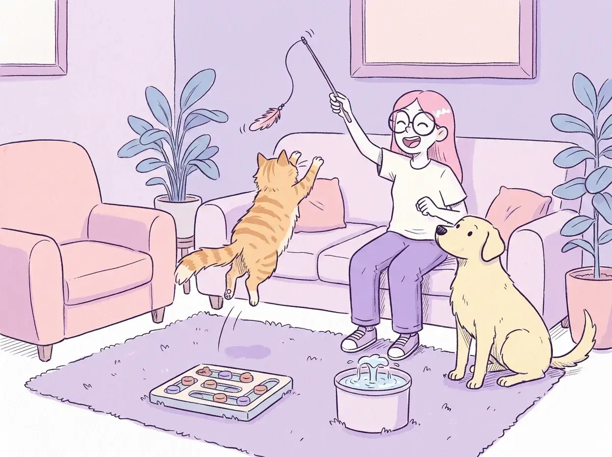 Ilustración de Mila jugando con una caña de plumas con un gato atigrado naranja que salta, mientras Térra observa curiosa