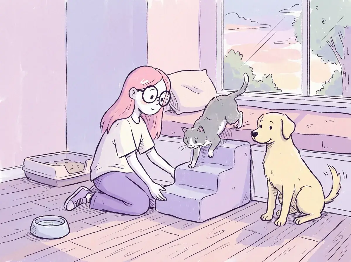 Ilustración de Mila colocando escalones suaves junto a una ventana para que un gato gris anciano suba, con un arenero de borde bajo cerca y Térra mirando