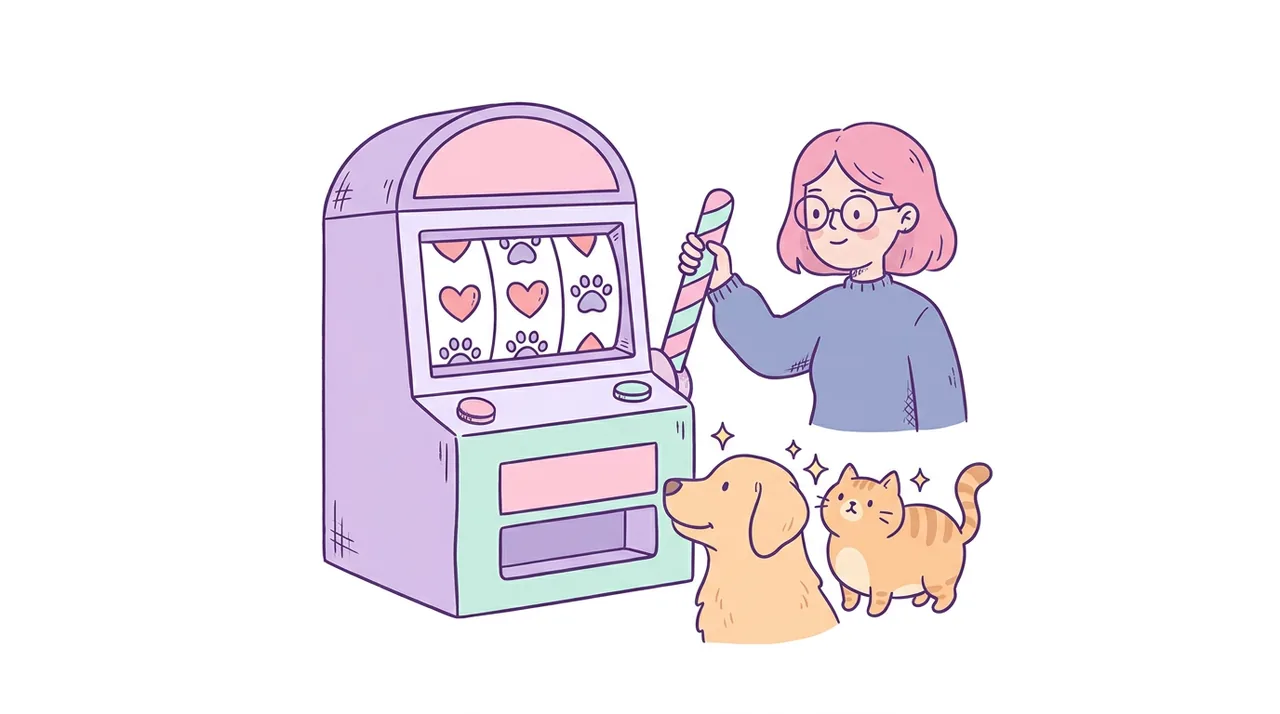 Ilustración de un golden retriever y un gato naranja rodeados de globos de diálogo con nombres y corazones