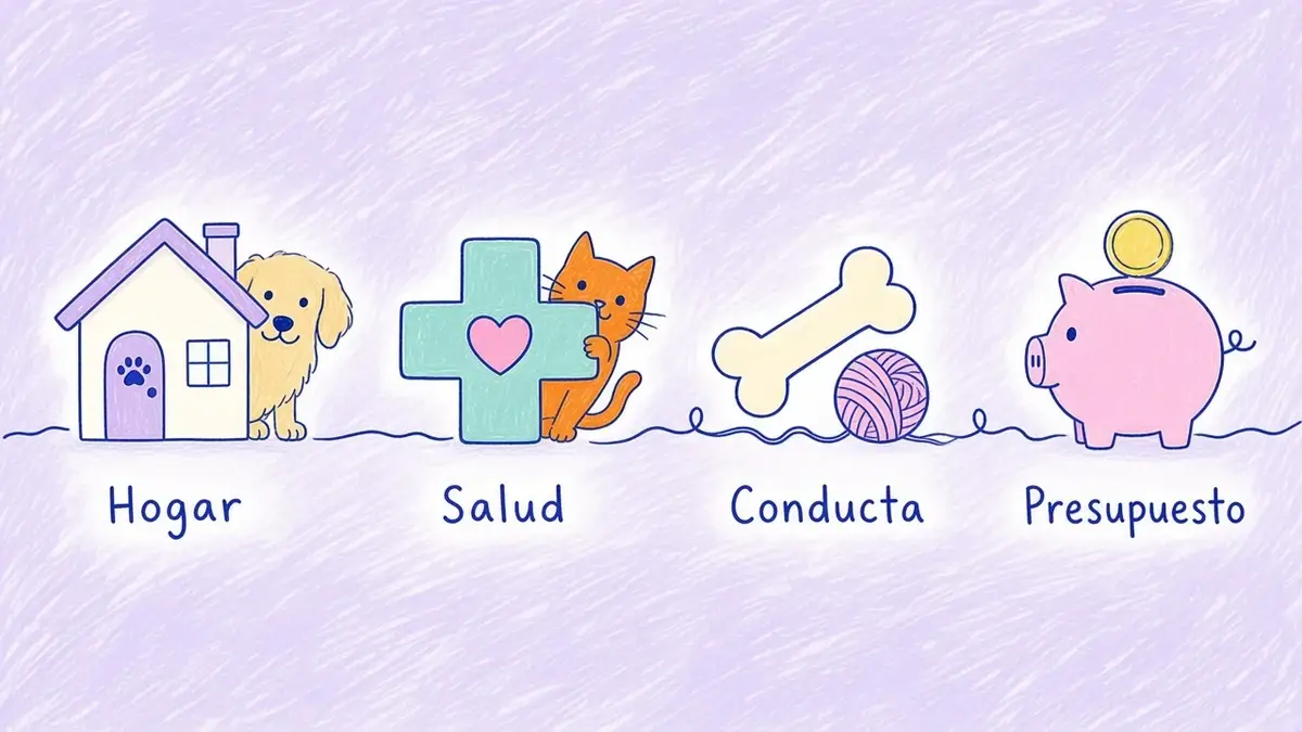 Infografía ilustrada con cuatro temas de las guías: casa, salud, conducta y presupuesto
