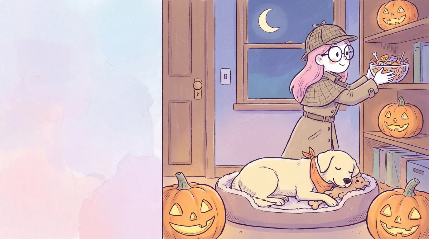 Ilustración de Mila, niña de pelo rosa disfrazada de detective, subiendo un tazón de dulces a una repisa alta mientras Térra, labradora crema con pañuelo naranja, descansa en su camita lejos de la puerta