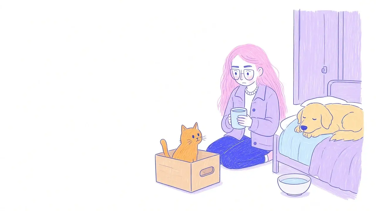Ilustración de un golden retriever y un gato naranja descansando en un rincón tranquilo con una cama, agua y una manta mientras la mujer de pelo rosa los mira con calma