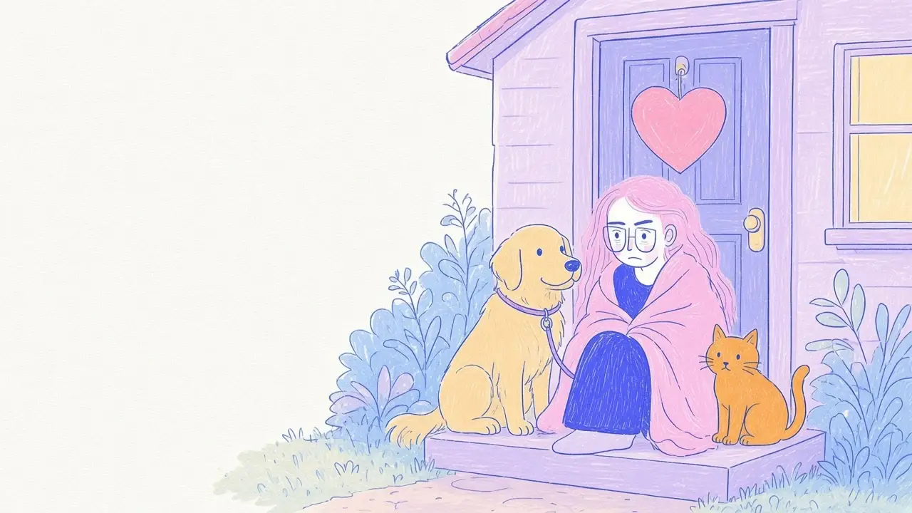 Ilustración de la mujer de pelo rosa y gafas redondas abrazando con cuidado a un golden retriever y a un gato naranja ante una puerta con un cartel de corazón