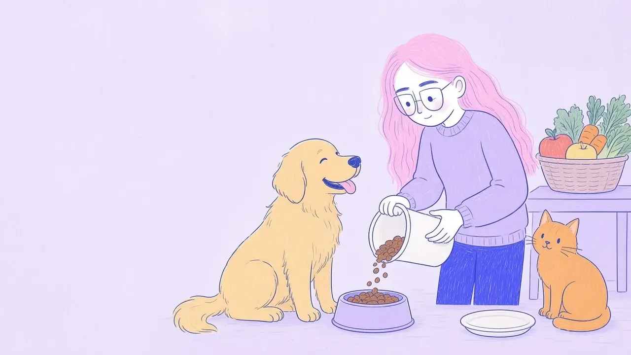 Ilustración de una mujer sirviendo comida a un golden retriever mientras un gato naranja espera junto a su plato y una cesta de frutas y verduras