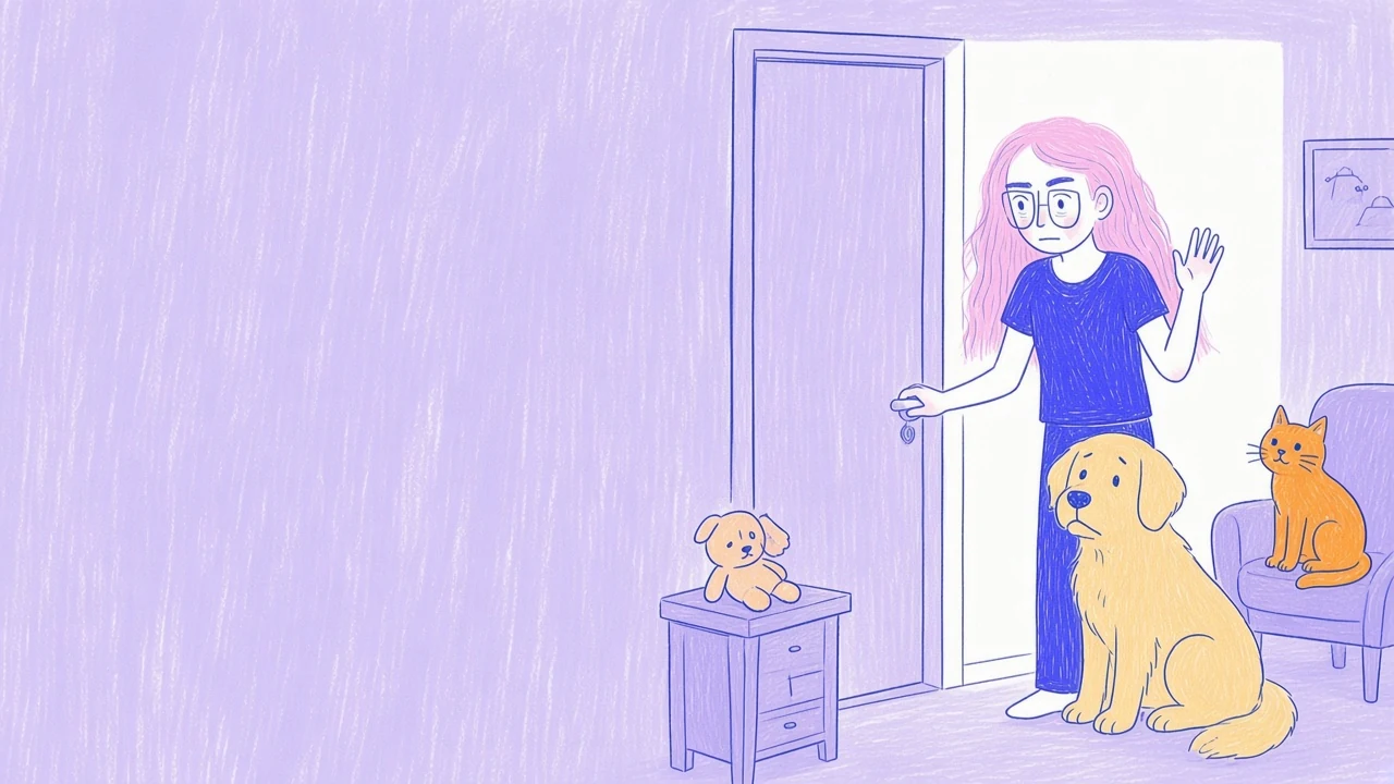 Ilustración de un golden retriever sentado junto a la puerta con gesto triste mientras la mujer de pelo rosa se prepara para salir y el gato naranja los observa