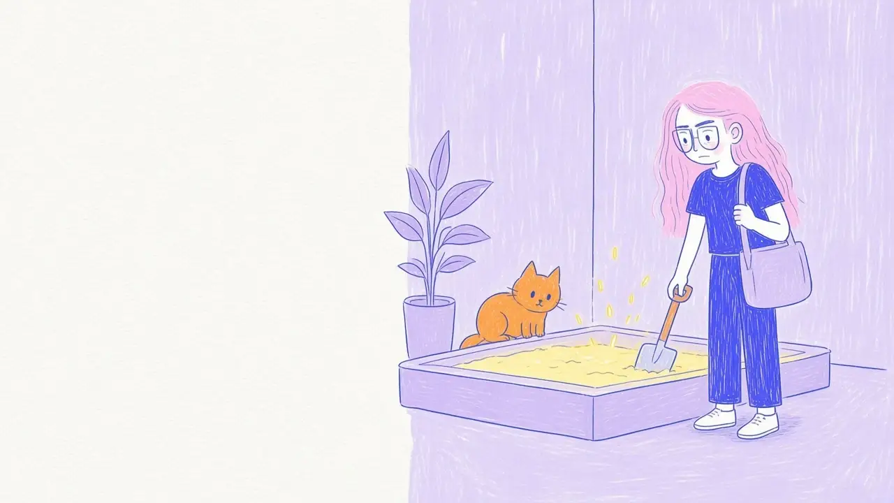 Ilustración de un arenero limpio y espacioso en un rincón tranquilo con el gato naranja a su lado y la mujer de pelo rosa con una pala
