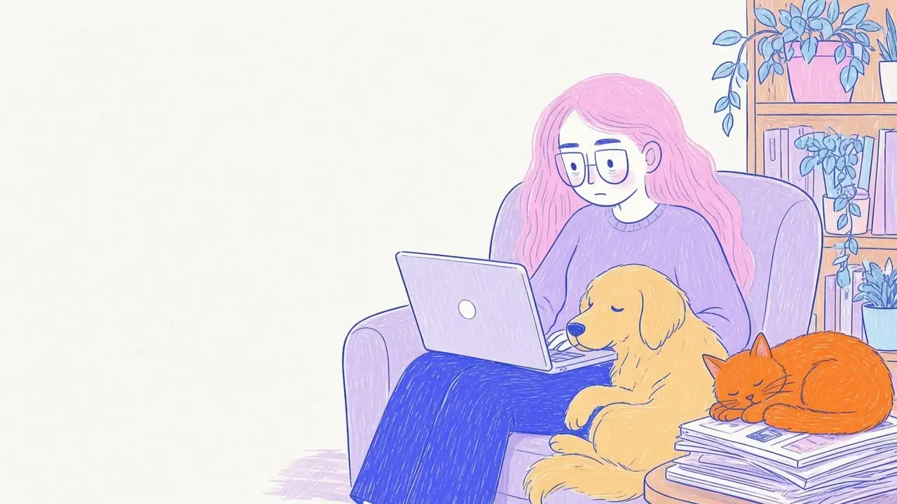 Ilustración de la mujer de pelo rosa y gafas redondas leyendo en un sillón con el golden retriever y el gato naranja junto a una pila de libros