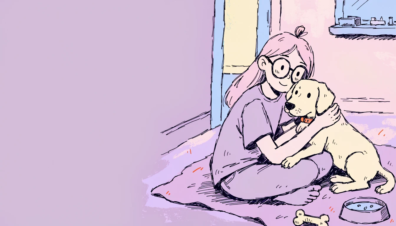 Ilustración de la niña de pelo rosa y gafas redondas abrazando a Térra, una labradora cachorra crema, sobre una manta lavanda