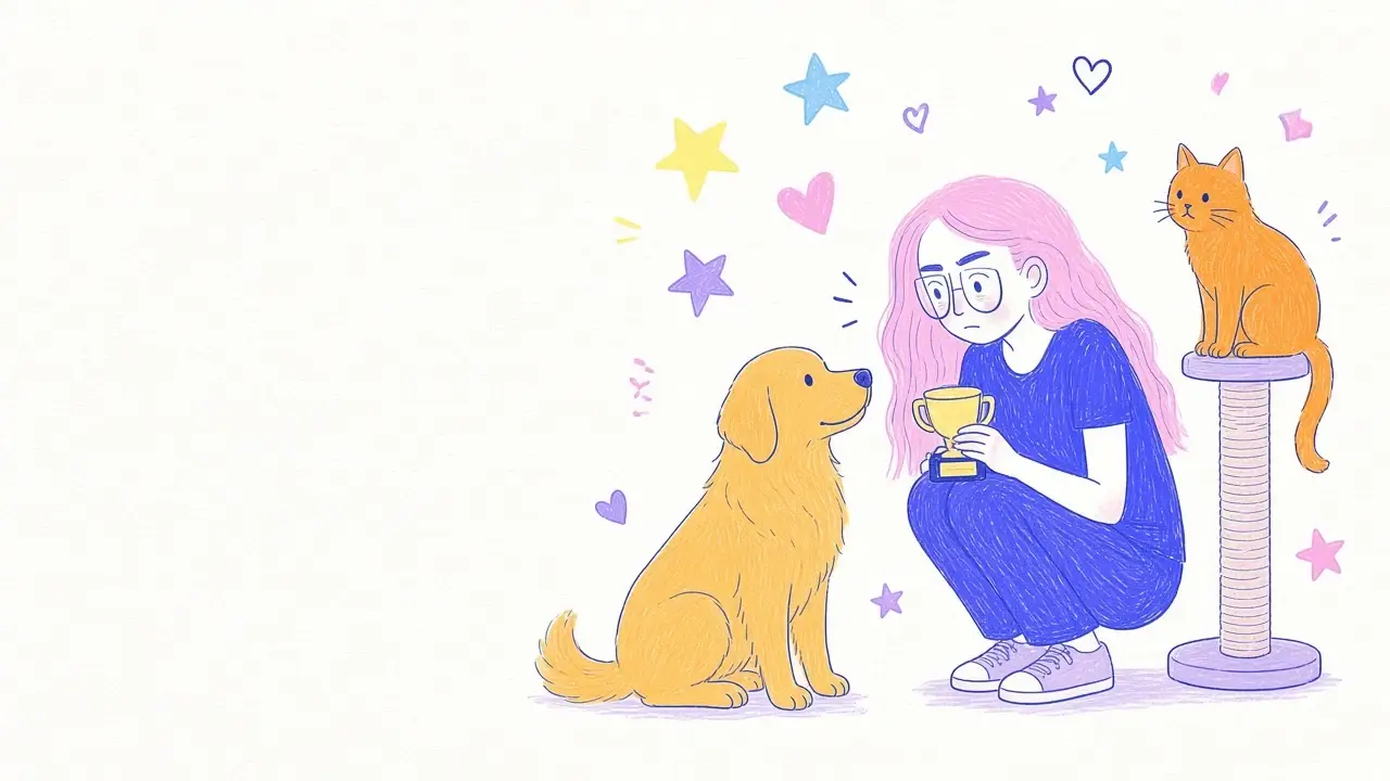 Ilustración de la mujer de pelo rosa y gafas redondas premiando a un golden retriever sentado mientras el gato naranja observa