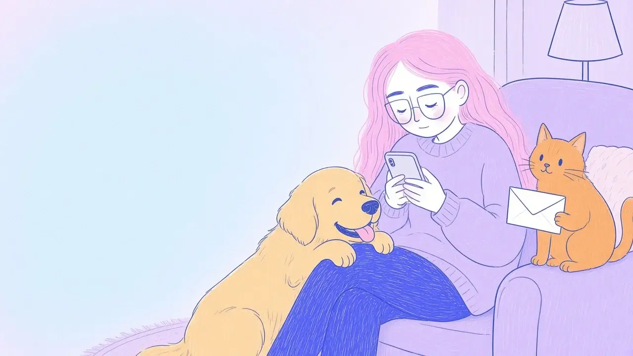 Ilustración de una mujer de pelo rosa escribiendo en su teléfono con un golden retriever apoyado en su rodilla y un gato naranja con un sobre